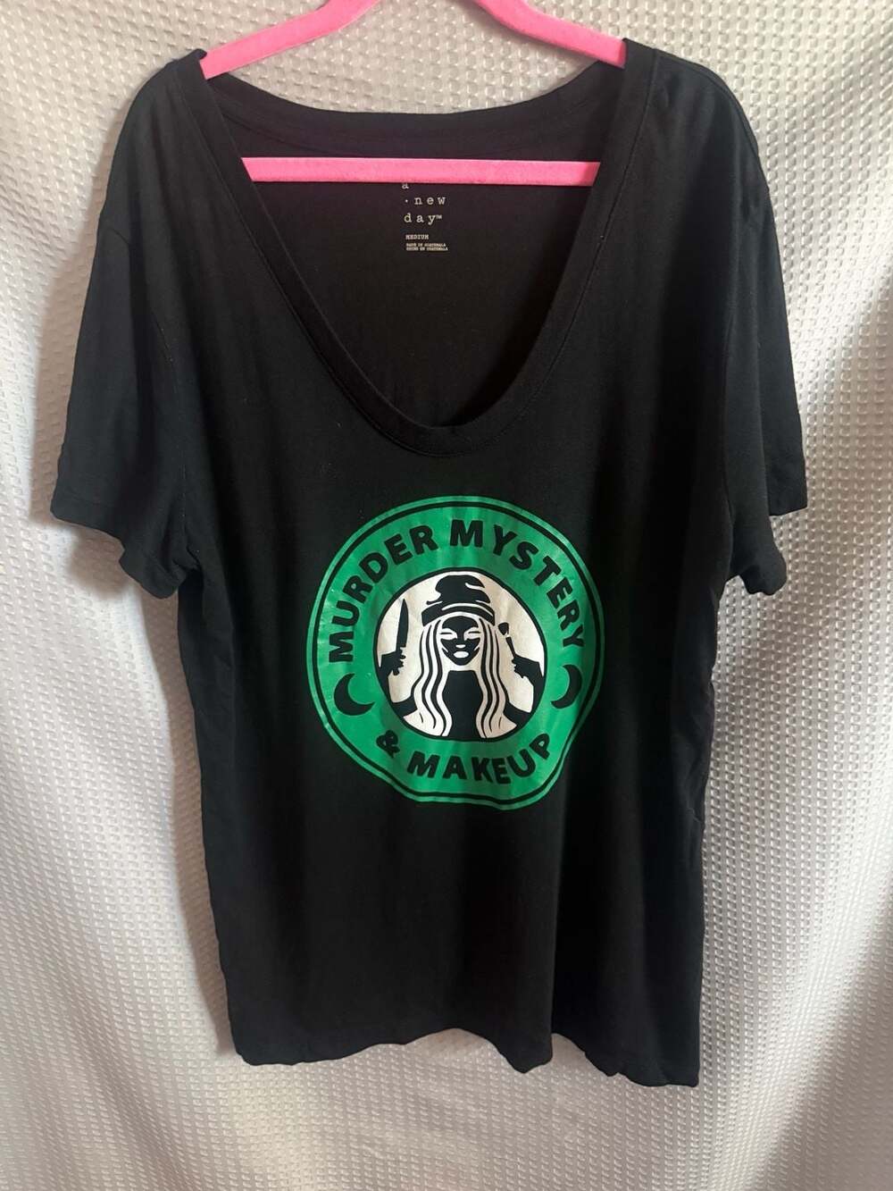 A New Day Women's Medium Black V-Neck Murder Mystery & Makeup Graphic Tee